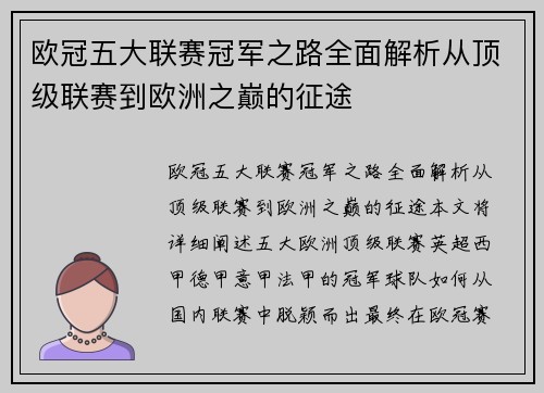 欧冠五大联赛冠军之路全面解析从顶级联赛到欧洲之巅的征途