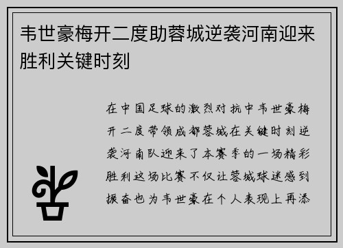 韦世豪梅开二度助蓉城逆袭河南迎来胜利关键时刻